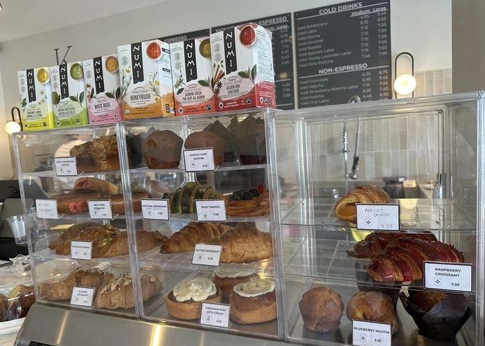 The pastry case at Kory’s Coffee, filled with croissants, danishes and muffins